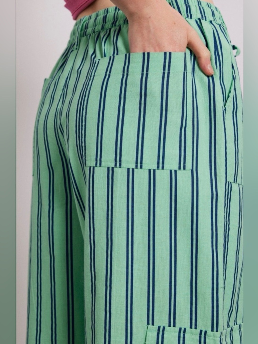 Damson Madder Cotton Linen Sydney Coastal Cargo Pants Mint Stripe UK 10 US 6 - Picture 2 of 13